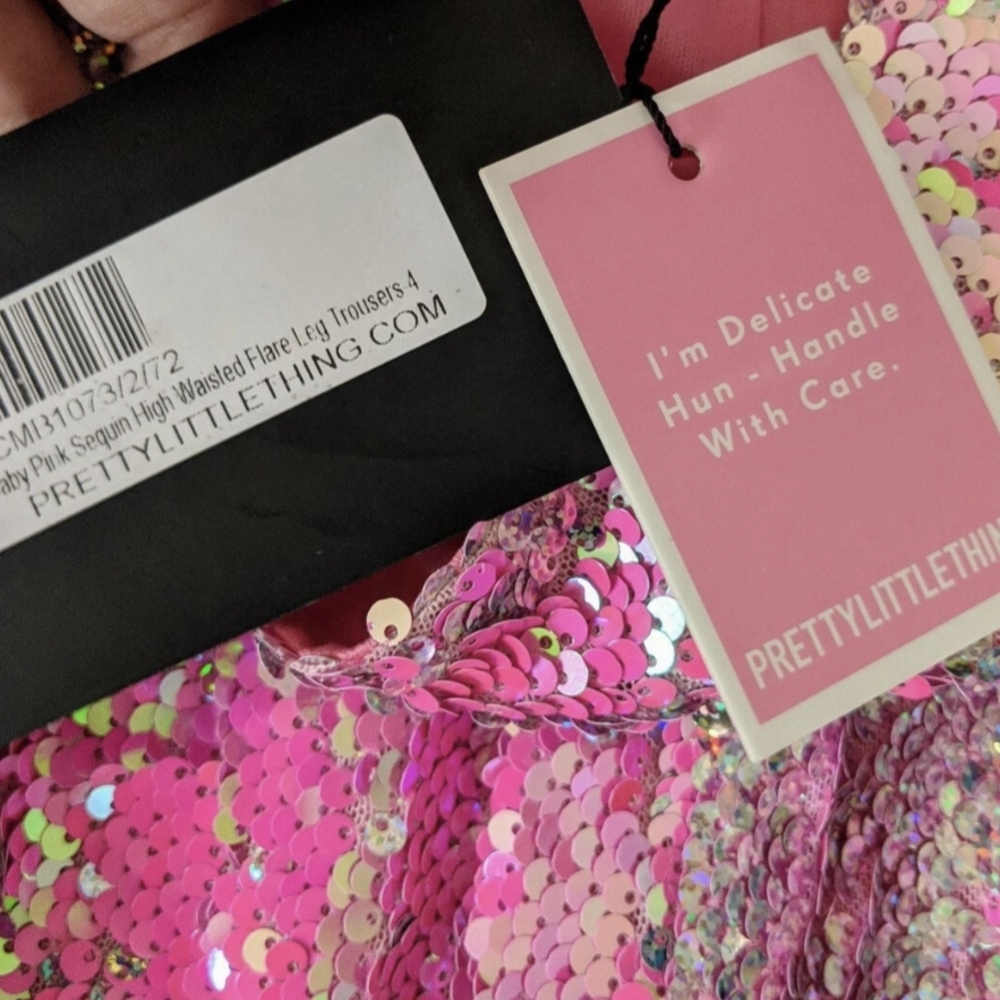 PLT Hot Pink Iridescent Sequin High Waisted Flare Leg Disco Pants XS - Picture 3 of 5